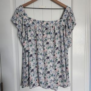 Loft pink green blue floral blouse square neck size 18